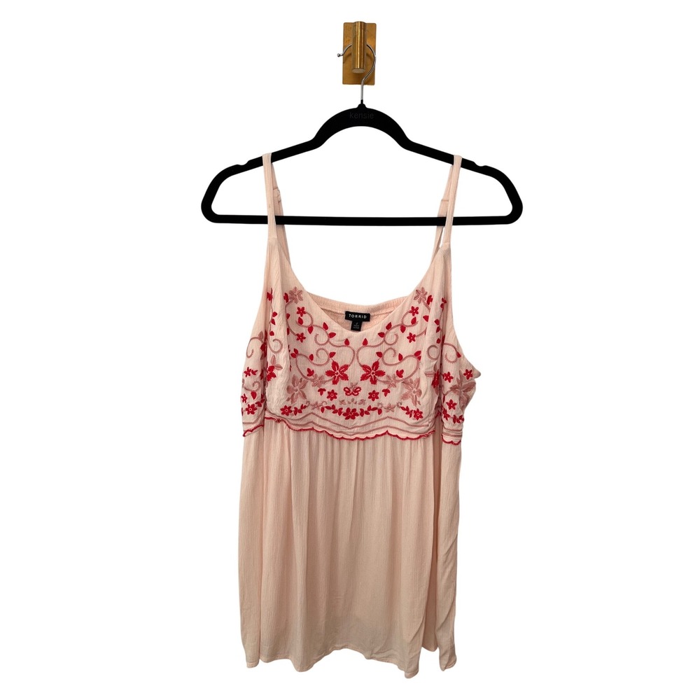 Embroidered Floral Babydoll Boho Cami Top Pink Red Adjustable Strap Plus Size 2X